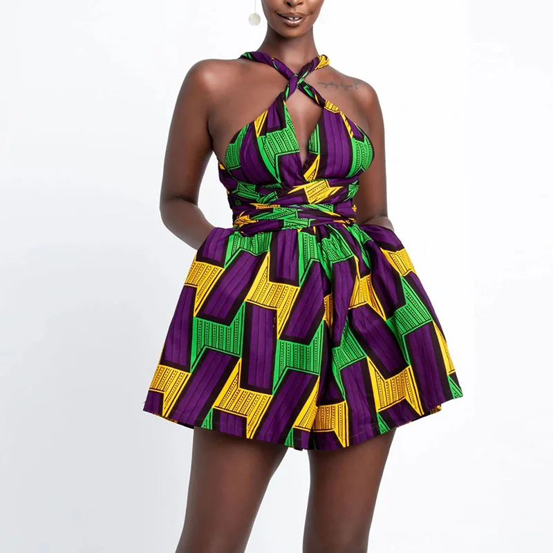 Lady Elegant Short Rompers Fashion DIY Multi Wear Jumpsuit Women Summer African Style Sleeveless Casual Loose Printing Jumpsuits