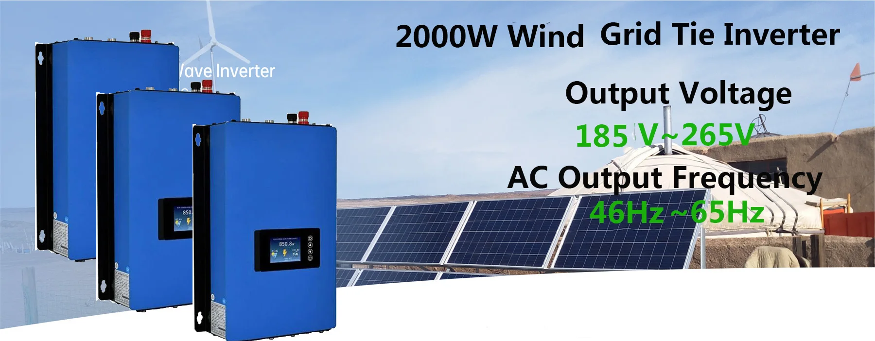 2000W Wind Grid Tie Pure Sine Wave Inverter Source Power from the Wind Turbine Input45V ~ 90V Output Frequency 46Hz~65Hz