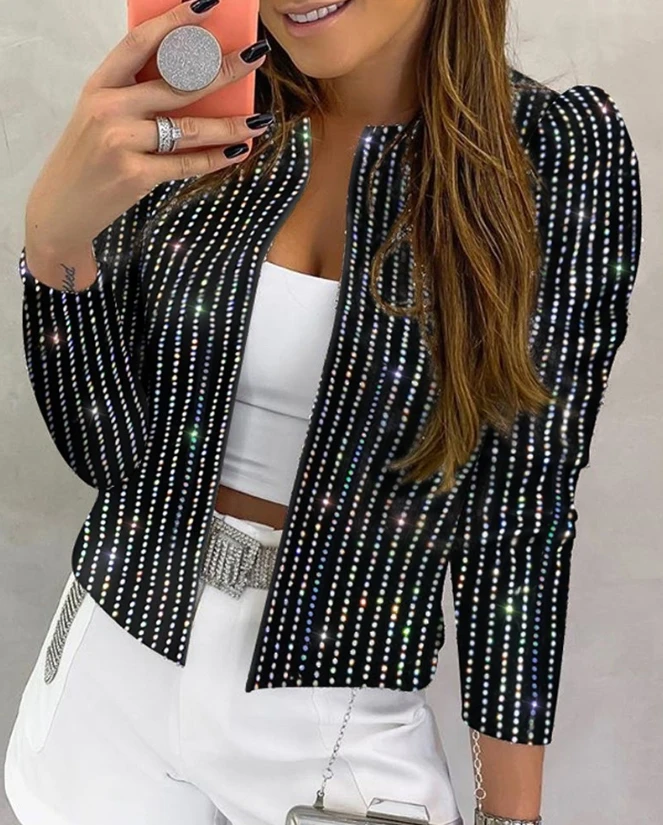 Women's Fashion Jacket 2023 New Autumn Contrast Sequin Studded Striped Performance Stage Style Jacket Long Sleeve Sweet Coat