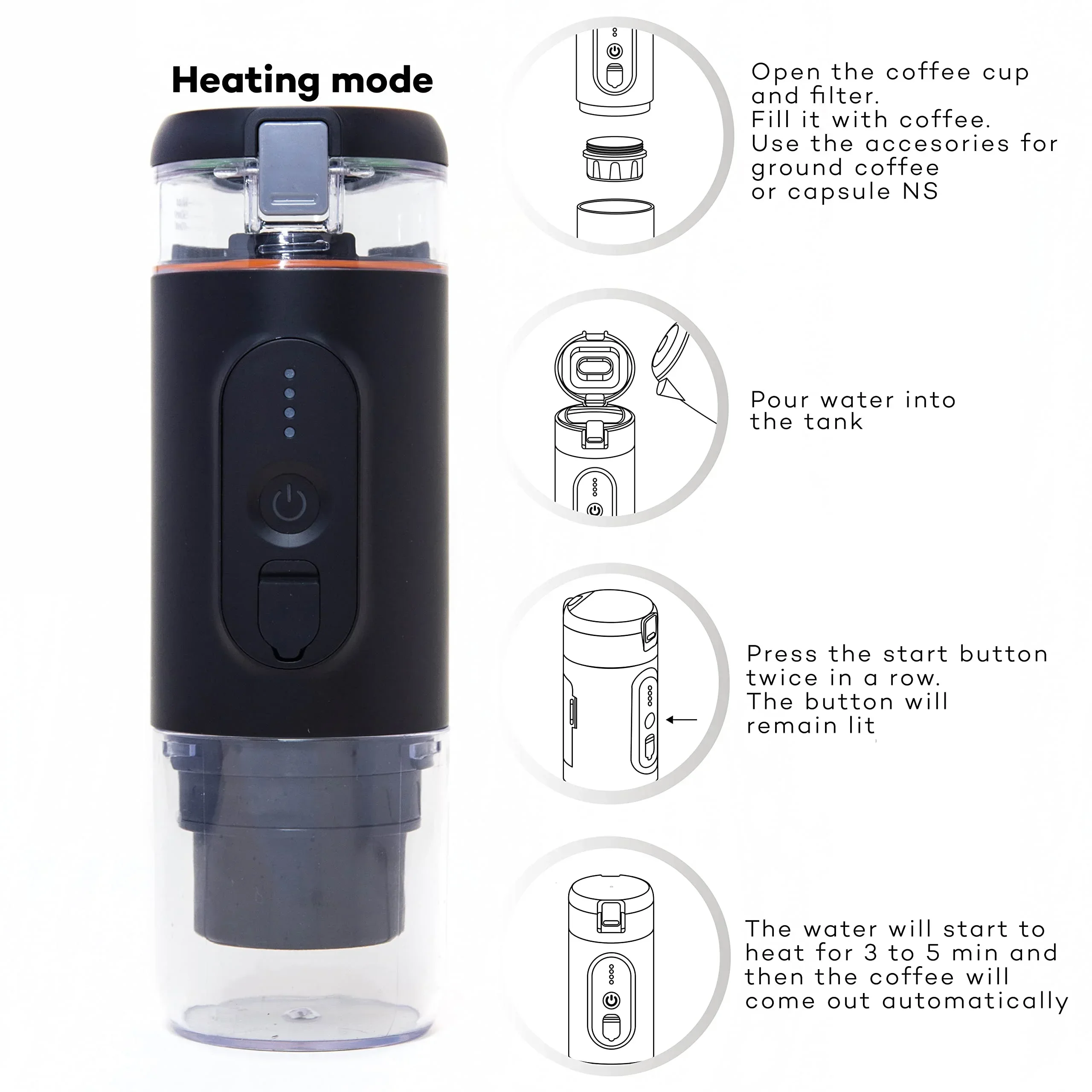 Houselin Portable Espresso Machine, Self-Heating Electric Coffee Maker, 20 Bar Pressure Compatible with NS Pods & Ground Coffee 3