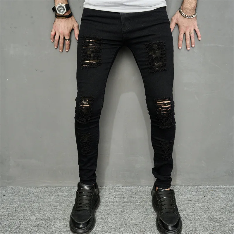 Men Jeans Ankle Length Hole Vintage Ripped Pencil Pants Denim Skinny Pockets Distressed Slim Moto Biker Solid Washed ripped jeans ripped patchwork jeans