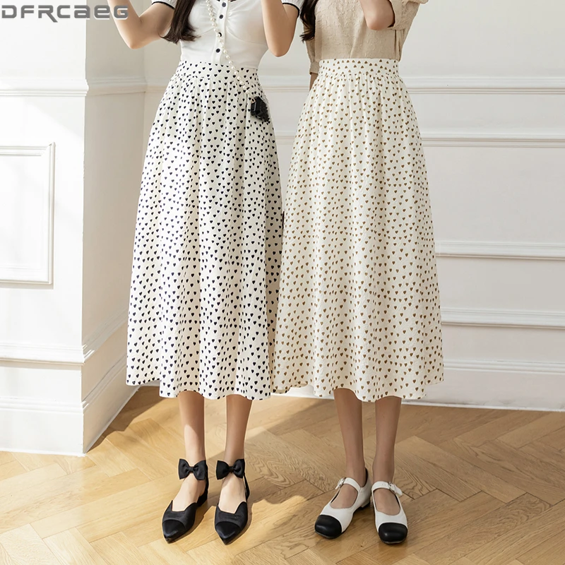 2022 Casual Summer Beach Skirts For Women Fashion Korean Style Elastic High Waist Printing Jupe Femme Loose A-Line Long Skirt