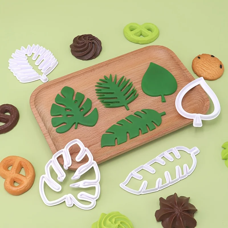 4pcs, Tropical Leaves Fondant Cutters, Cookie Embosser, Pastry Cutter Set, Biscuit Molds, Baking Tools, Kitchen Accessories
