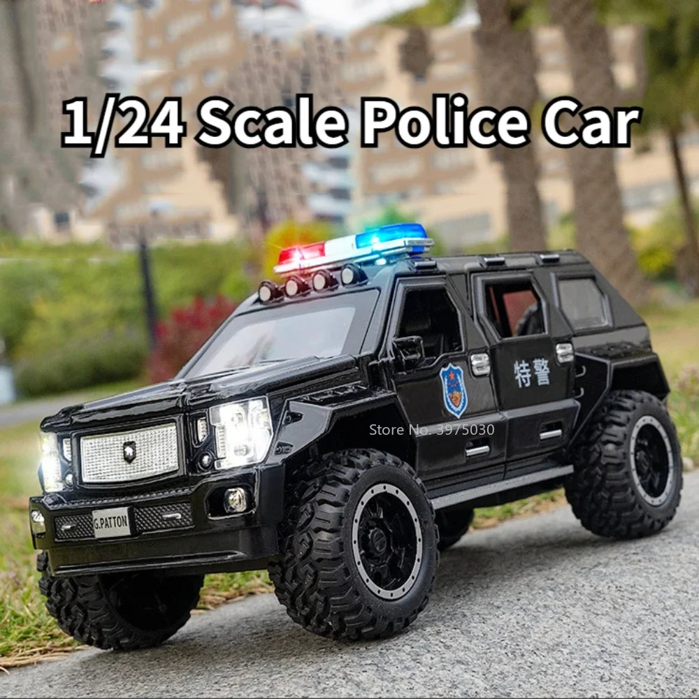 

1/24 Off Road Police Car Model Alloy Diecast Scale Toy High Simulation Vehicle with Sound Light Pull Back Collection Toy for Boy