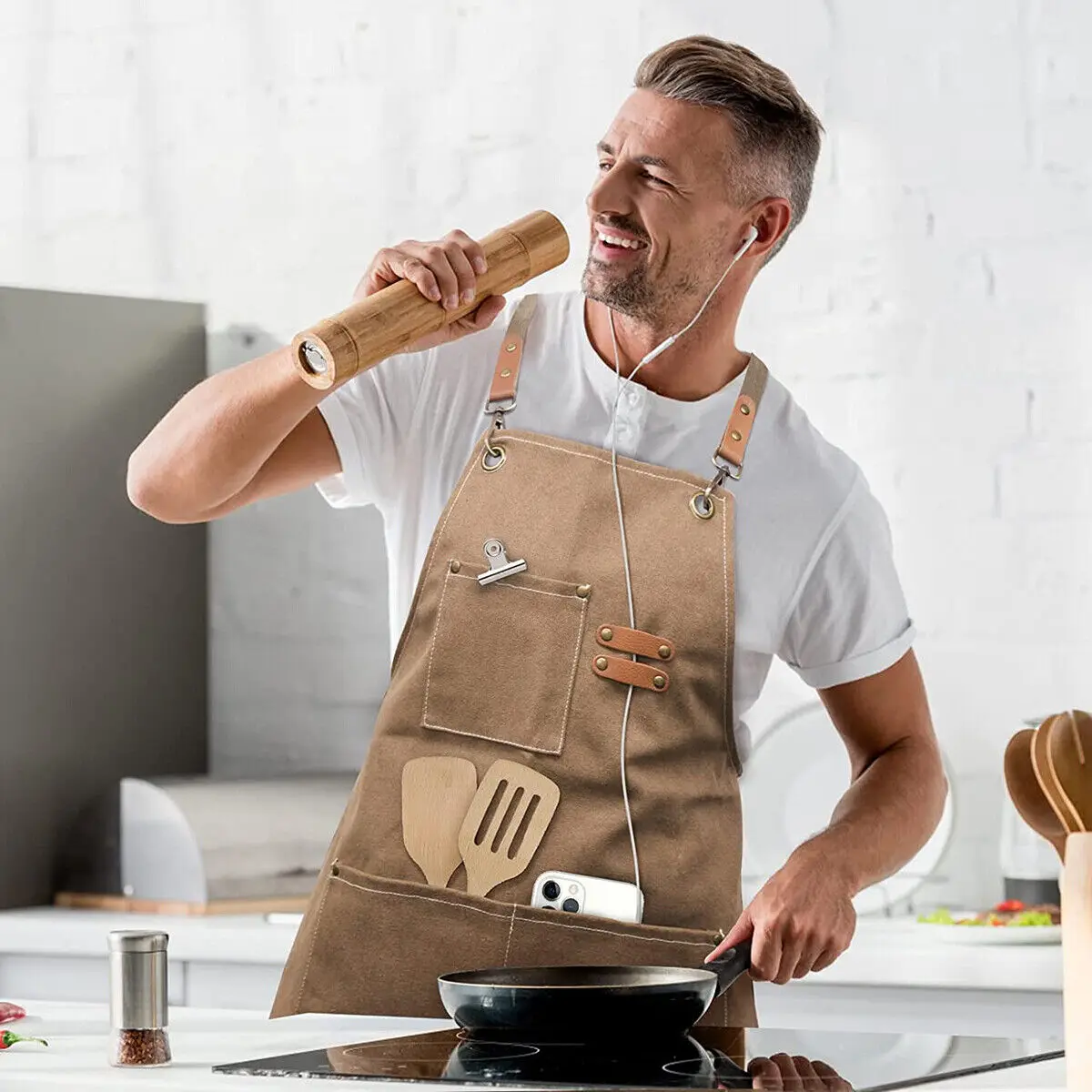 Barbecueschorten voor heren, praktisch werkschort, werkschort met zakken met verstelbare bandjes voor kapper, keuken, tuinman, Wit., Eén maat