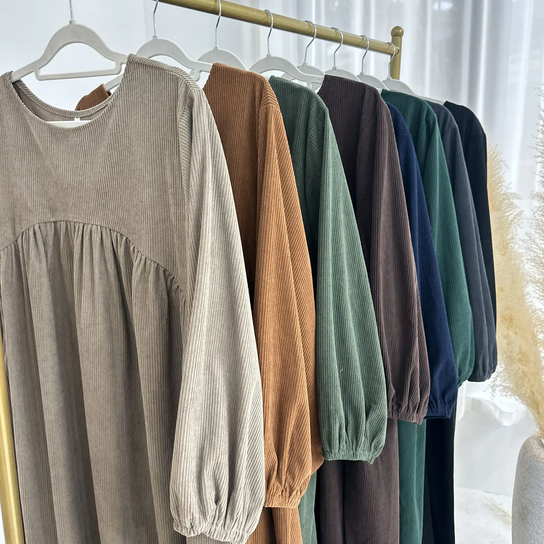 2024 Dubai Corduroy Abaya for Muslim Women Eid Ramadan Modest Dress Loose Large Elegant Gown Islam Clothing Turkey Solid Robe 6