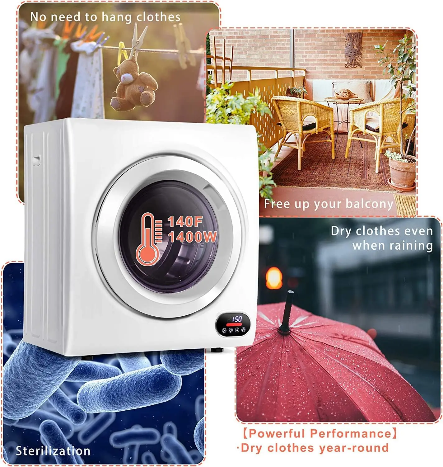 Compact Laundry Dryer 3.5 cu ft Front Load Stainless Steel Clothes Dryers With Exhaust Pipe 1500W LCD Control Panel