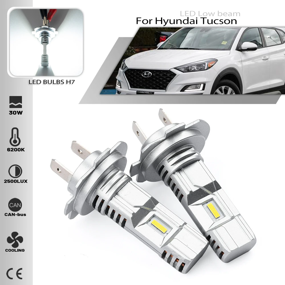 2PCS H7 Led Bulbs Car Headlights Low Beam 6500K White Auto Lighting For HYUNDAI TUCSON 2018 2019