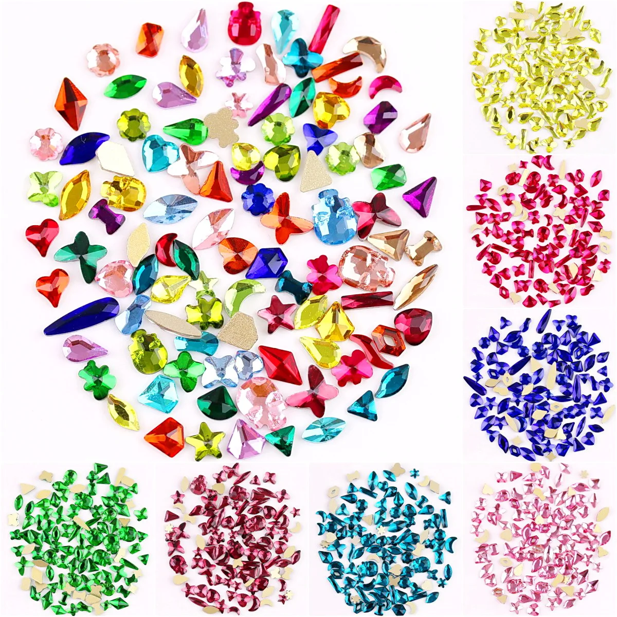 Verschiedene Formen Mix 100 Stück/Beutel 26 Farben Flache Glas-Kristall-Strassperlen zum Aufkleben für Nagelkunst Handgemachtes Basteln DIY-Dekoration