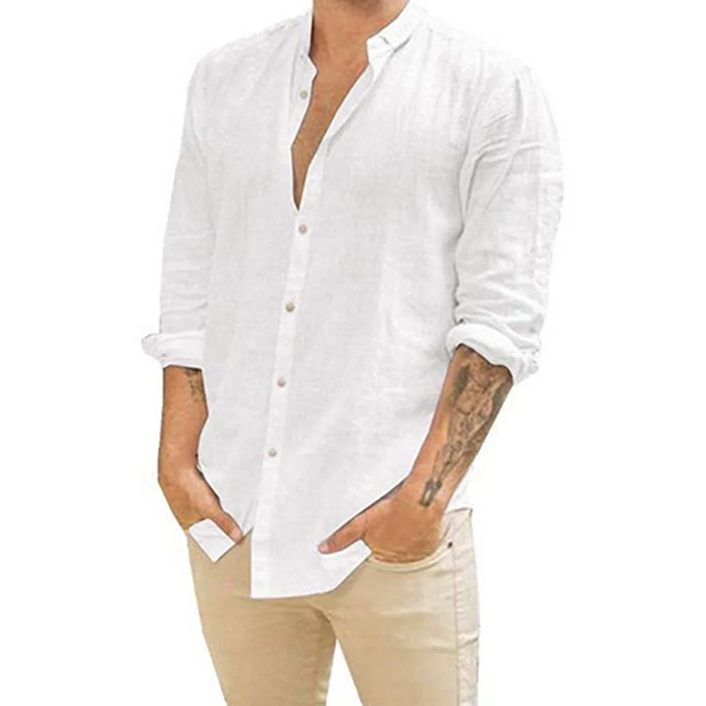 Men Flax Button Loose Blouse Tops Spring Summer