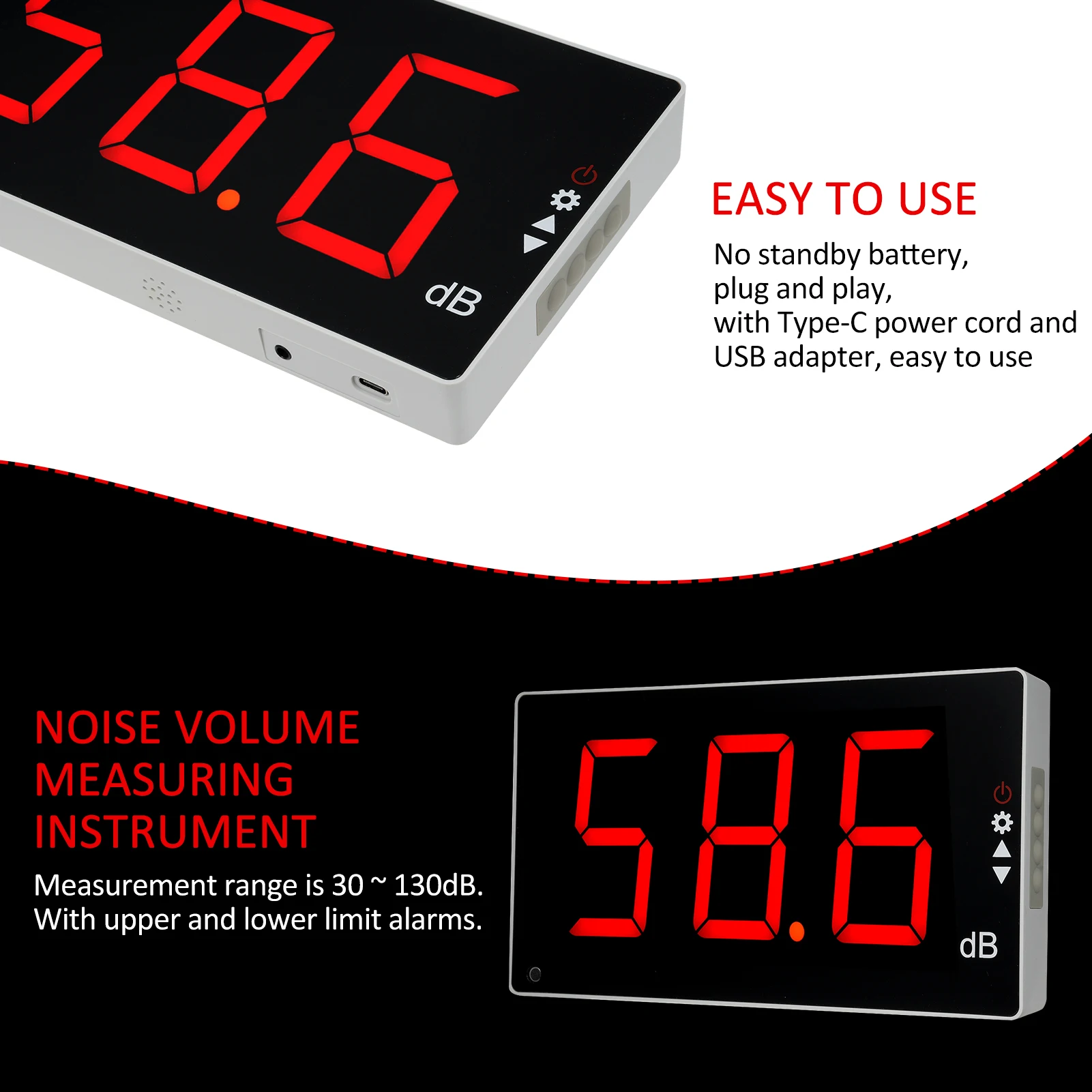 Sound Level Meter with Large LCD Screen Wall Mounted Digital Sound Level Meter Digital Noise Meter Decibel Monitoring Tester 6