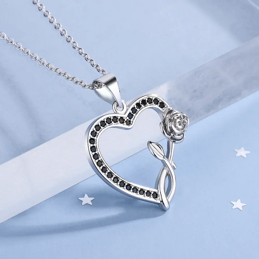 S925 Sterling Silver Heart Shape Rose Black Zirconia Pendant Necklace (40cm +5.0cm) Luxury Jewelry