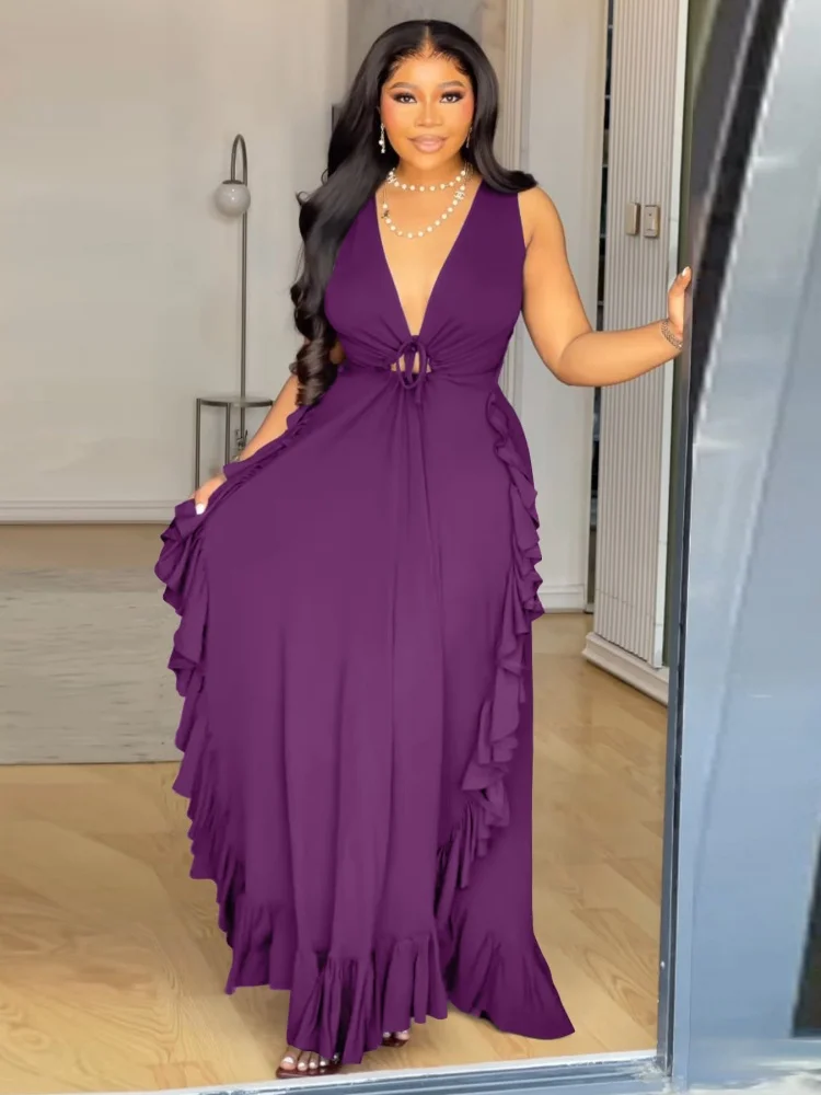 Wmstar Plus Size Dresses Women 2025 Wholesale Deep V Neck Elegant Bandage Long Dress Fashion Street Wear Drop Shopping Summer