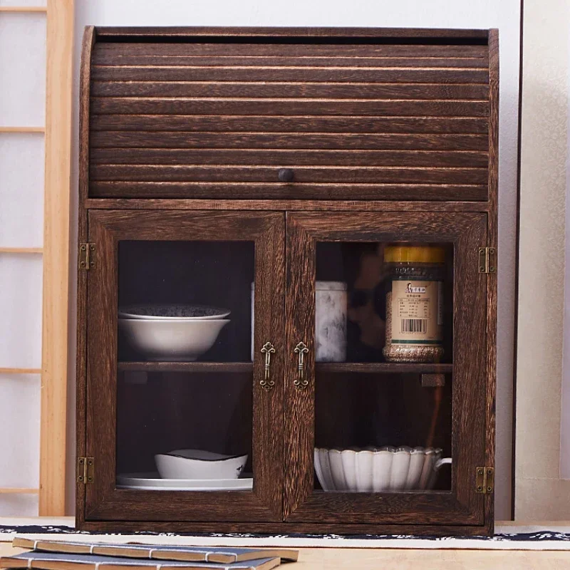 

Dust-proof Desktop Antique Shelf Solid Wood Tea Sets Stand Double Layer Teacup Storage Cabinet Eco-friendly Retro Cosmetics Rack