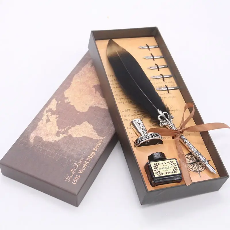 

Luxury Calligraphy Feather Dip Pen Writing Ink Set Stationery Gift Box with 5 Nib Wedding Quill Pen Metal Fountain Pen Set