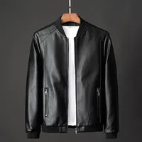 Men standing collar Jacke, leather motorcycle jacket men,bomber leather coat，fashion trend personalized leather winter clothing 1