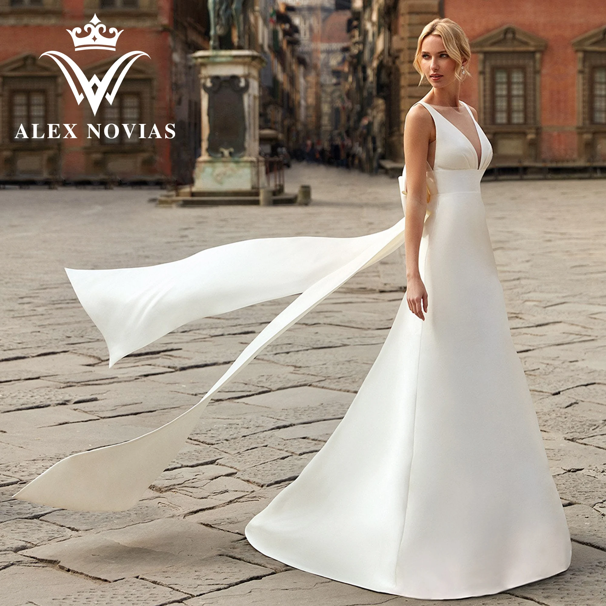 

Свадебное платье с бантом ALEX NOVIAS, атласное платье А-силуэта с глубоким V-образным вырезом и открытой спиной, с лентами, 2023