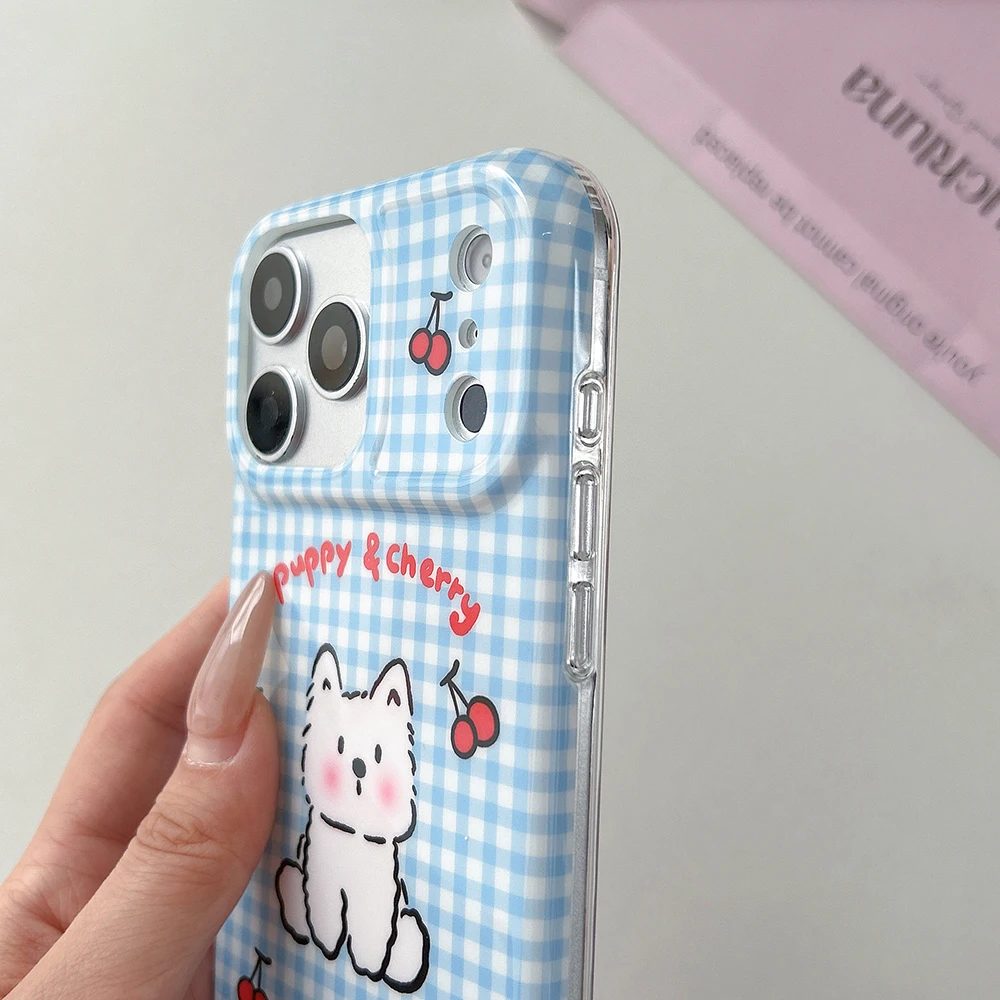 Adorable Blue Grid Cherry Pattern Phone Case with Cartoon Puppy Design - Shockproof Cover