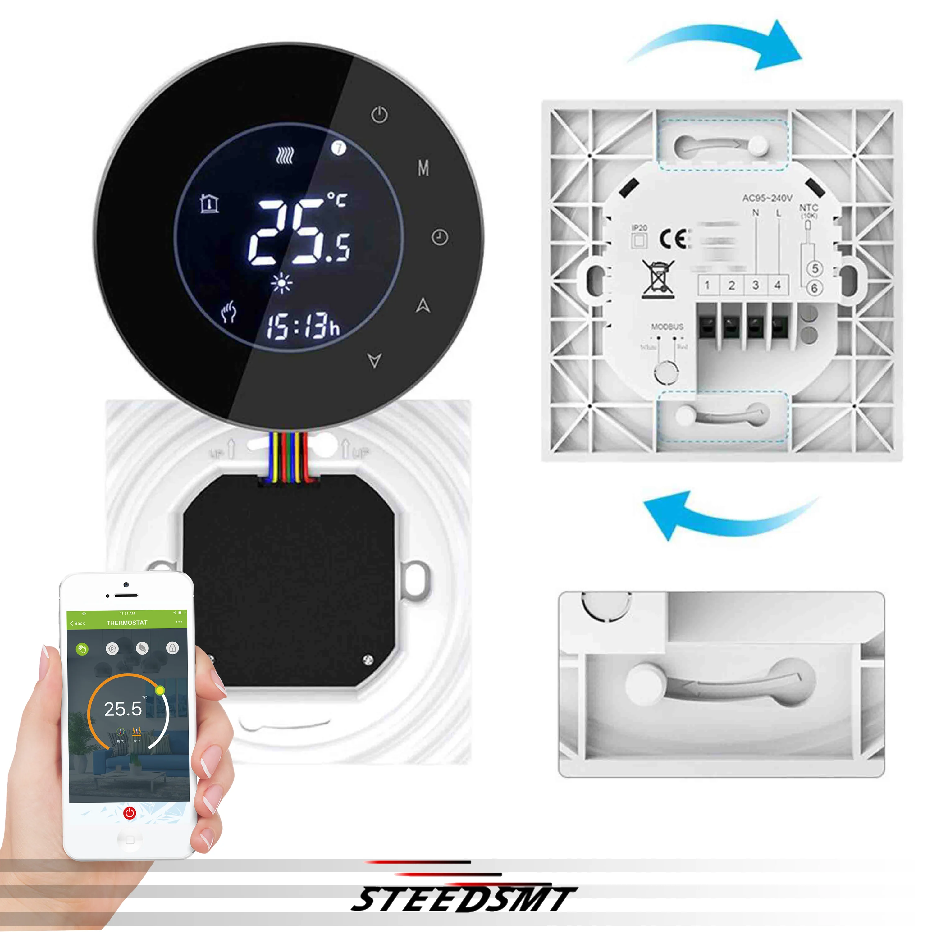 เทอร์โมสตัททําความร้อน WIFI สําหรับการแผ่รังสีบนพื้น/เครื่องทําความร้อนไฟฟ้า/หม้อต้มแก๊สอุณหภูมิห้องควบคุมการออกแบบแบบวงกลมคู่มือเสริม 1