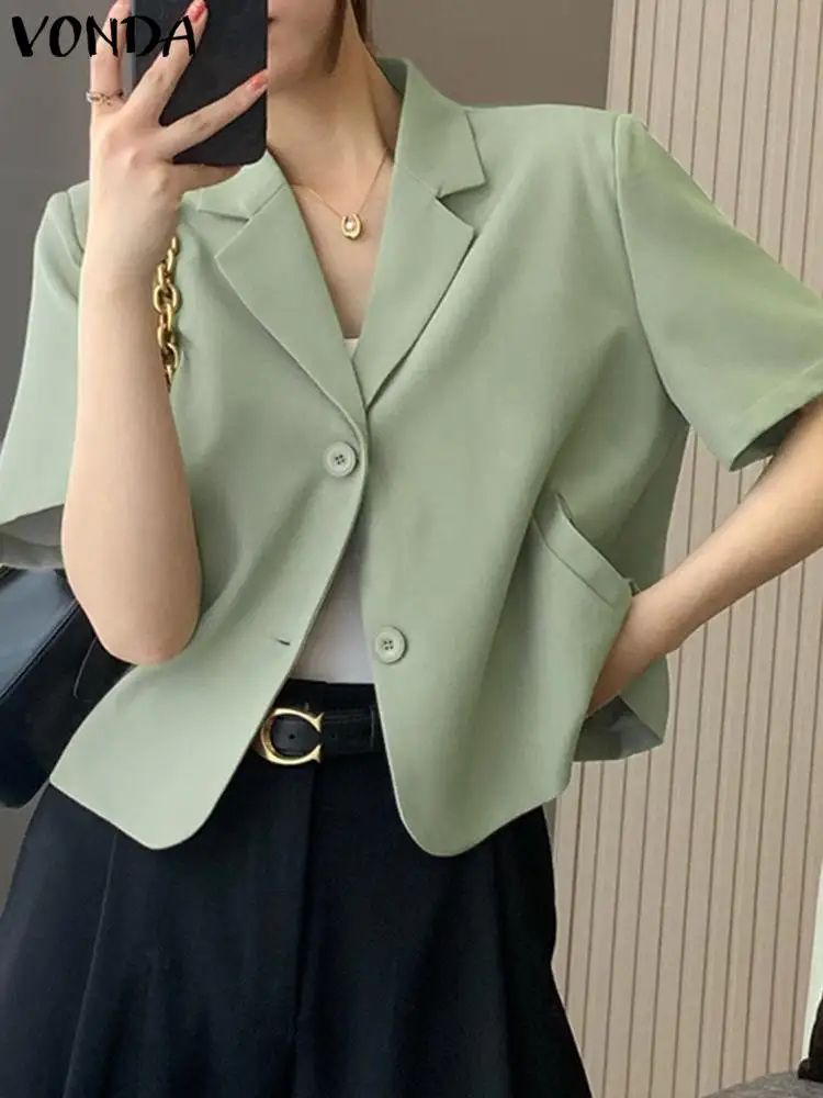 

VONDA Elegant Office Blazer Women 2023 Fashion Loose Solid Short Sleeve Lapel Neck Coats Buttons Outwear Casual OL Style Blazer