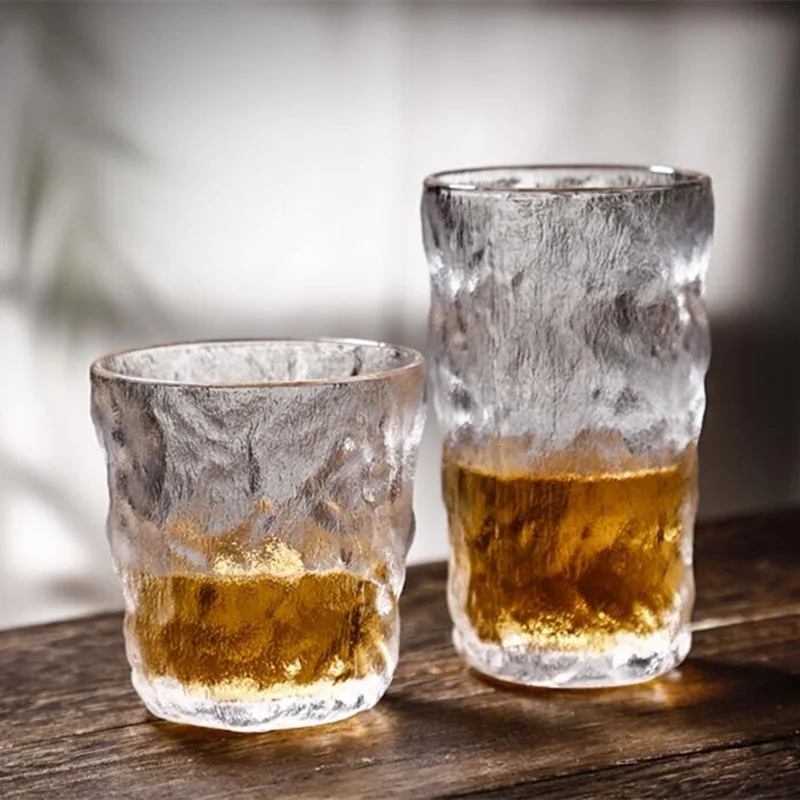 Glass Drinking Bottle Simple Glacier Glass Water Cup Rock Whiskey Wine Cup Coffee Tree Bark Pattern Beer 280ml/330ml