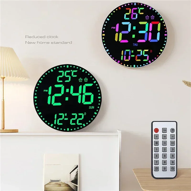 Living Room Creative Colorful Wall Clock RGB Perpetual Calendar Digital Clock Temperature Date Time Week Display LED