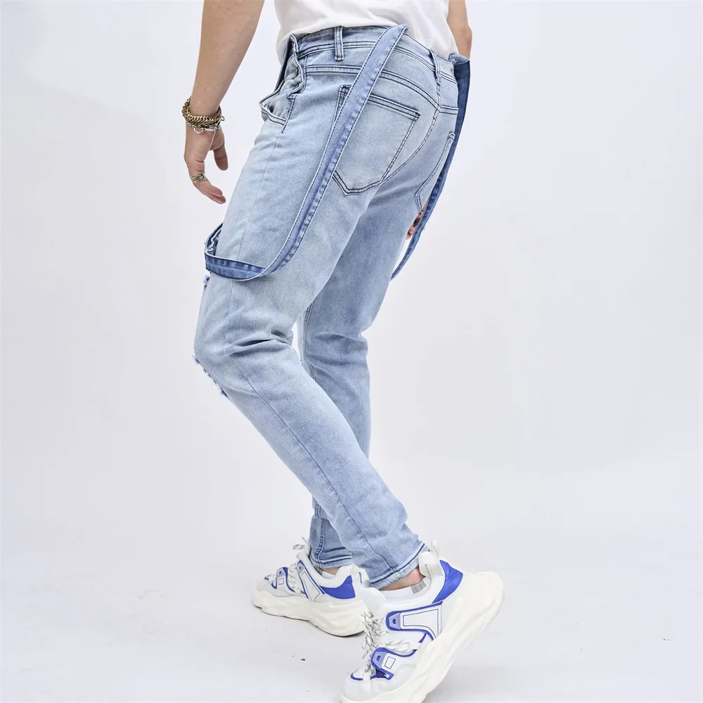 Men Strap Jeans Stylish Slim Ripped Biker Stretch Skinny Male Holes Bib Overalls Jumpsuits Denim Trousers For Men's
