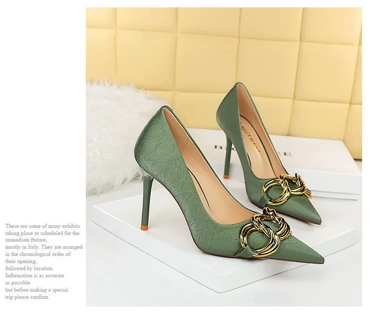 Women 7.5cm 9.5cm High Heels Escarpins Pumps Lady Metal Chain Low Heels Fetish Nightclub Slim Fit Party Green Office Prom Shoes
