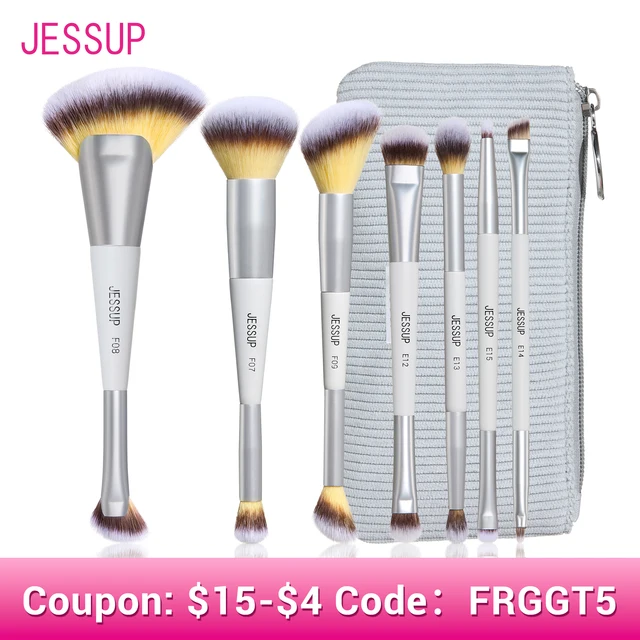 Jessup Makeup Brushes Set 3/7pcs Dual Ended Synthetic Foundation Blush Highlight Blending Eyebrow Brush with Bag,Quiet Gray T520