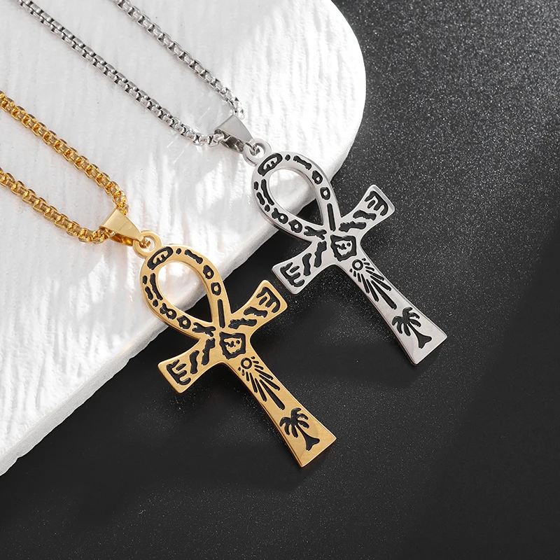 Misterioso Vintage Antico Egiziano Ankh Croce Ciondolo Collana Da Uomo In Acciaio Inox Hieroglyph Totem Gioielli