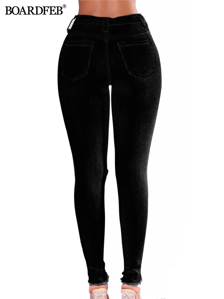 Drawstring Jeans Women Hole Stretch Jeans Ladies Plus Size Full Length  Pencil Pants 1122 (Color : Black, Size : Medium)