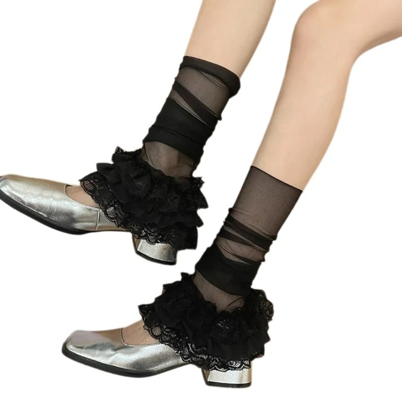 

Japanese Women Sheer Mesh Leg Cover Tiered Ruffle Lace Flared Long Sock