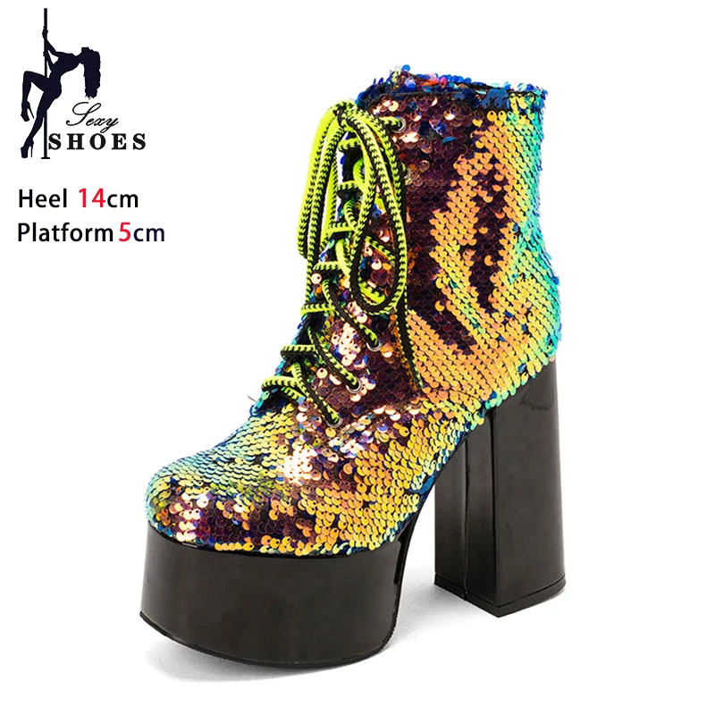 Shiny Silver Sequin Ankle Boots For Women 2024 Autumn Winter Platform Chunk Heels Lace-up Short Boots Glittering Nightclub Shoes
