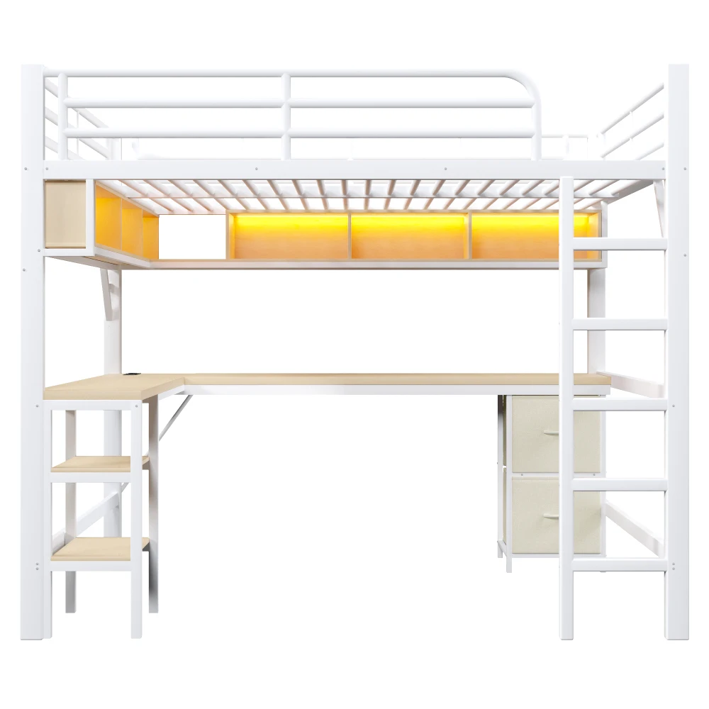140 x 200 cm modernes Metall-Hochbett für Spiele mit Bücherregal, Kinder-Etagenbett mit Schreibtisch und Kleiderschrank, USB- und LED-Beleuchtung, weiß – Detail 11