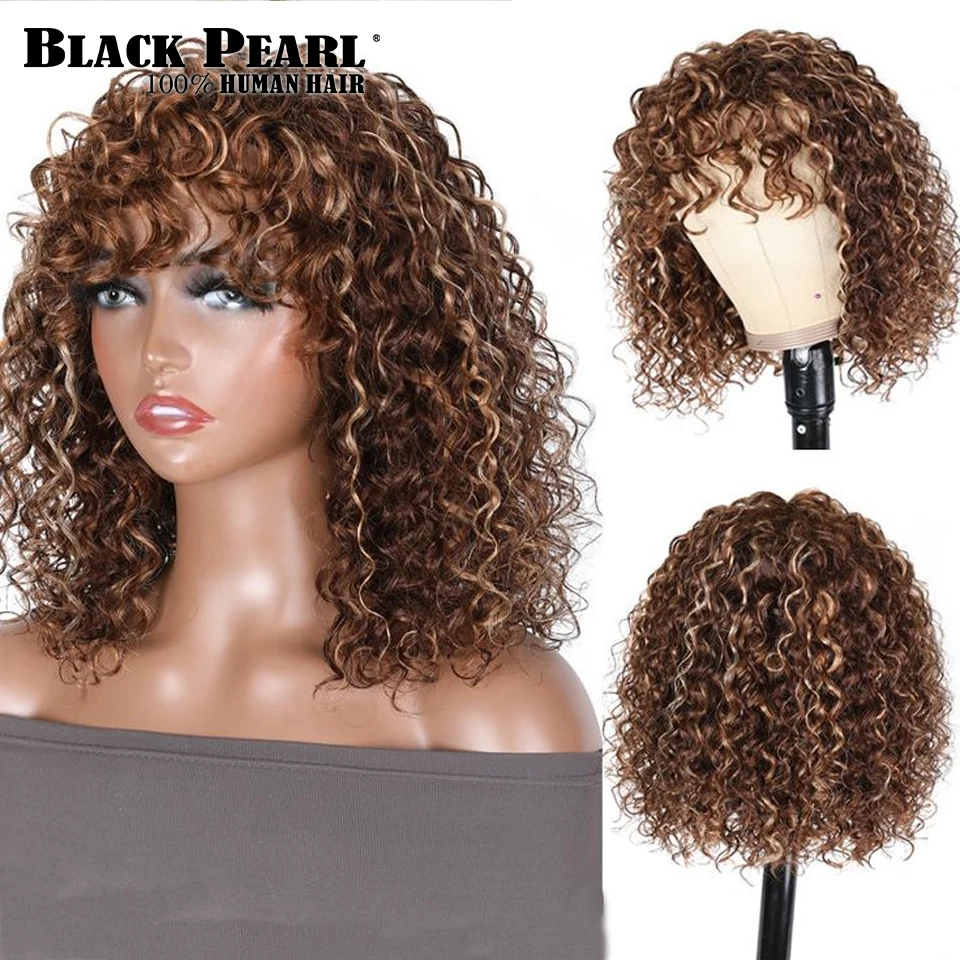 Human Hair Wigs Deep Wave Short Bob Human Hair Wigs With Bangs Curly Wig Mix Brown Color Highlight