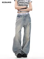 2025 Retro American Waed Striped Hole Denim Jeans Loose High Street Micro Flared Cleanfit Casual Long Trousers for Men And Women