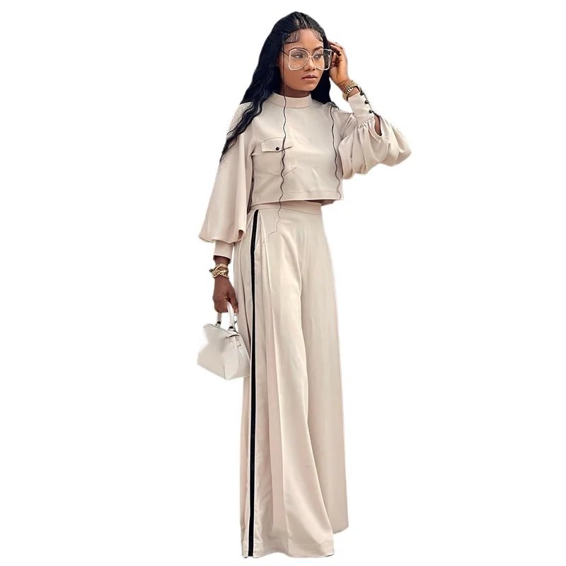 New Fall Women's Size Loose Elegant Semi-high-neck Fashion Long-sleeved Top Wide-leg Pants Casual Commuter Women's Two-piece