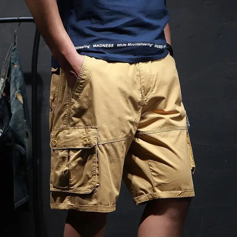 thumbnail image 1 of Pantalones cortos para hombre, anchos, holgados, de gran tamaño, con botones, pantalones cortos cargo para hombre, sueltos, populares, elegantes, casuales, de algodón, vintage, nuevos en Y2k, 1 of 5