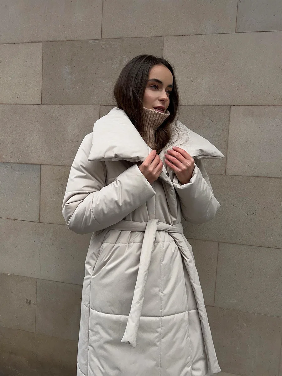 Winter Female Parkas Outwear Loose Lace-Up High Waist Long Sleeve Pocket Lapel Bandage Coat For Women Solid Parkas