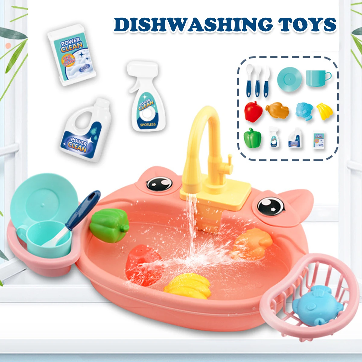 Dishwasher Toys, Kitchen Sink Electric Playing with Running Water Automatic Water Cycle System Simulated kitchen accessories