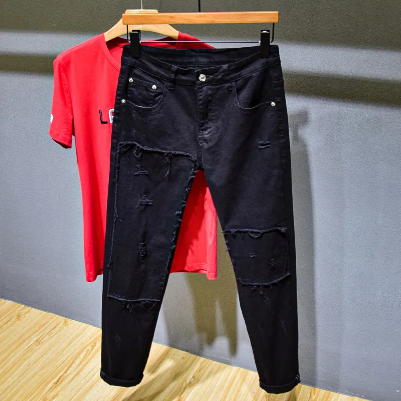 

Spring Autumn 2022 Black Denim Jeans Men's Hole Beggar Patch Slim Small Foot Cowboy Teenagers Pencil Pants Pantalon Skinny Homme