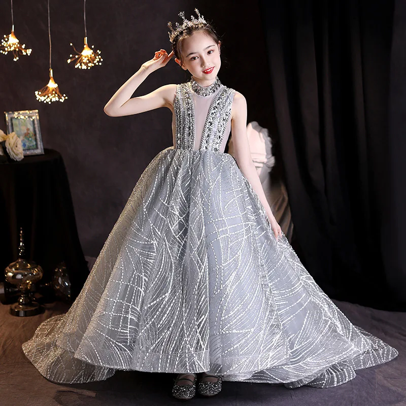 

Girls Dresses For Party Wedding dress bright diamond beaded Children Pageant Gown Princess Tulle trailing Dress teen Girl Dress