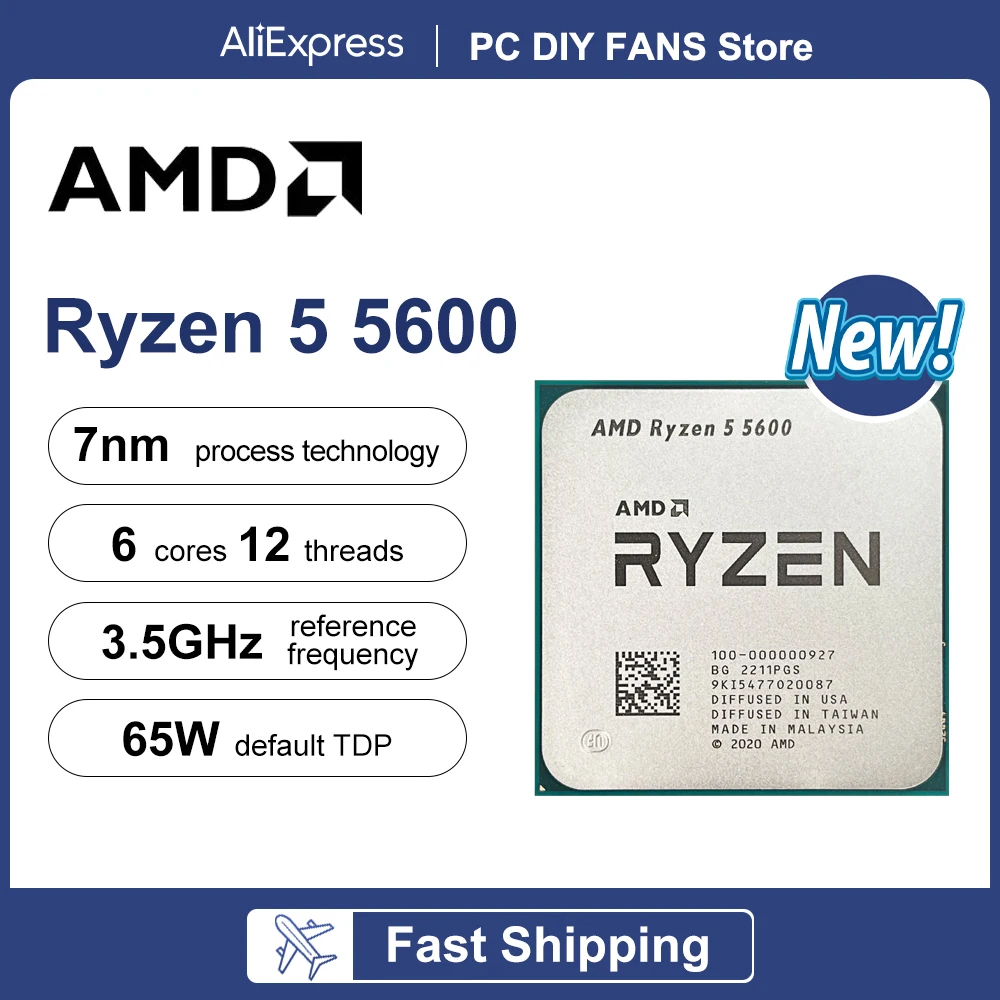 thumbnail image 1 of NUEVO procesador AMD Ryzen 5 5600 R5 5600 3,5 GHz, 6 núcleos, 12 subprocesos, 7 nm, L3 = 32 M, 100-000000927, socket AM4, sin ventilador, 1 of 4