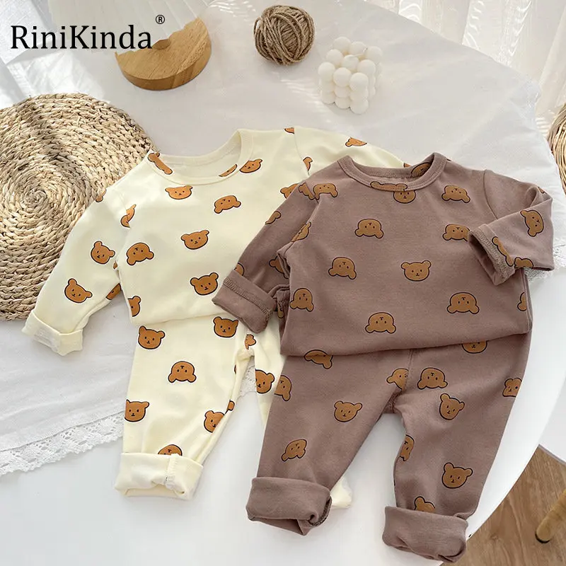 RiniKinda Cartoon Baby Girl Pajamas Winter Warm Children Clothes Boy