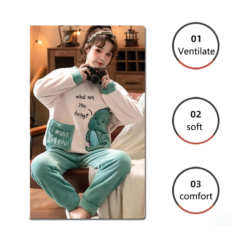 ملابس نوم نسائية سميكة بأكمام طويلة من الفانيلا ، طقم من قطعتين ، دب كرتوني ، ديناصورات ، ملابس منزلية دافئة ، جودة عالية ، شتاء