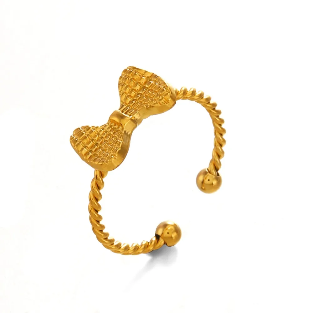 Gold Plated Ribbed Cute Mini Bowknot Rings Twist Circle Opening Adjustable Stainless Steel Bow Knot Party Accessories Jewelry