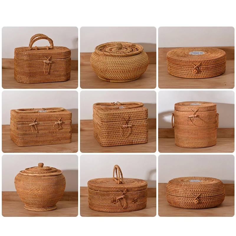 

Storage Round Lids Boxes With Sundries Organizer Woven Rattan Decorative Tray Basket Lid Fruit Wicker Bread Baskets Snack Mini