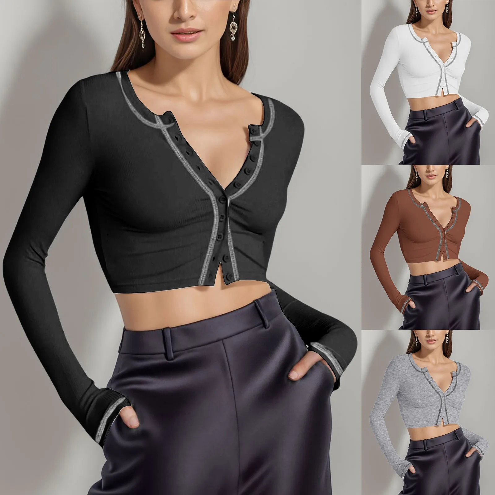 

2024 Women's New Spring Fashion Line Color Blocking Round Neck Buttons T Shirt Tops Casual Solid Color Slim Fit Short Blouse