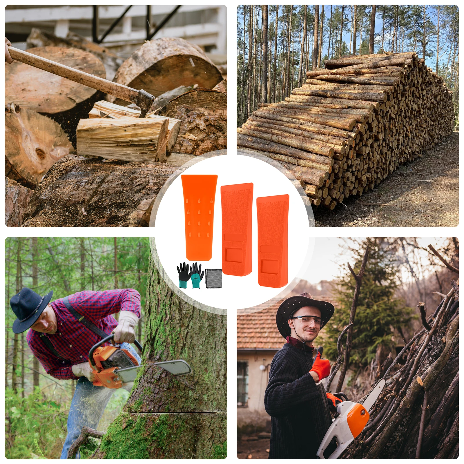 3Pcs Felling Wedges Wear Resistant Tree Cutting Wedges Logging Supplies Plastic Chainsaw Gloves Mesh Bag Tree Cutting Wedges