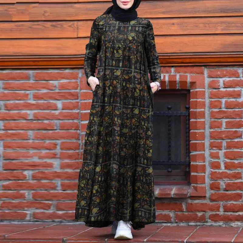 Muslim Woman Print Dress 2023 Autumn Retro Fashion Pullover Long Sleeve Round Neck Robe Casual Abaya Loose Dresses